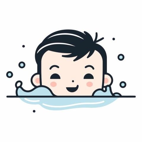 Cute little boy in swimming pool. Vector line art illustration.