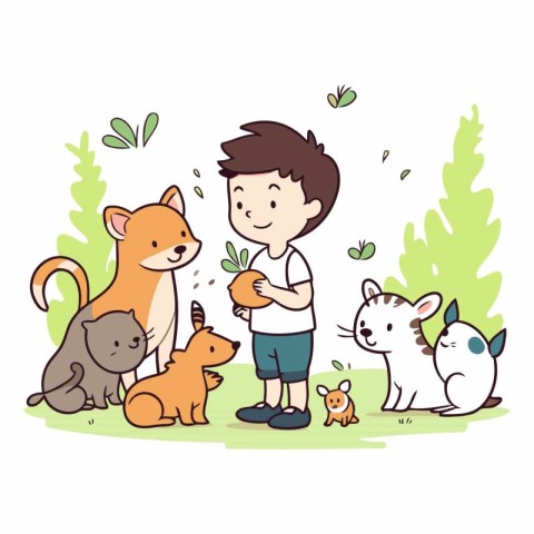 Cute cartoon boy playing with pets in the garden.