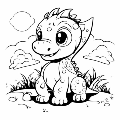 Cute dinosaur sitting on the grass. Coloring book for children