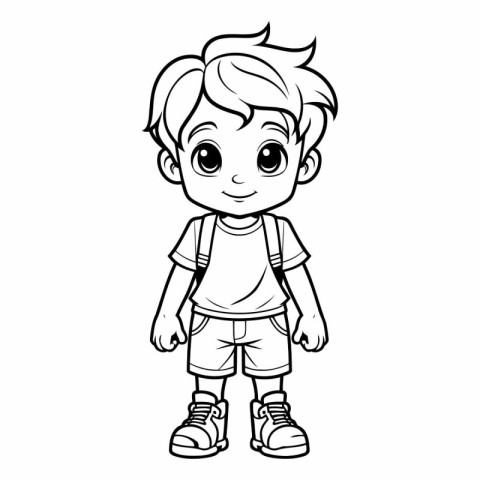 Cute little boy with backpack for coloring page.