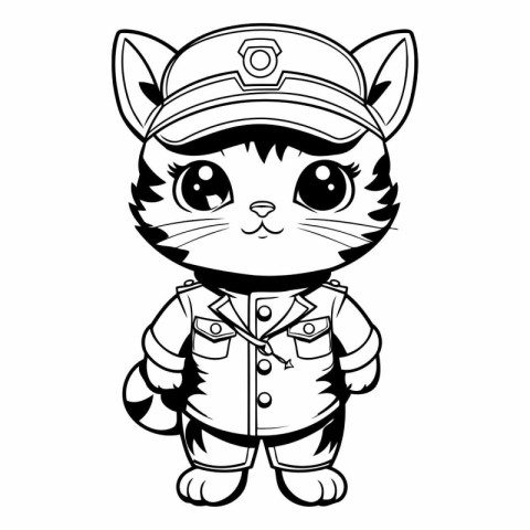 Black and White Cartoon Illustration of Cute Cat Captain Charact