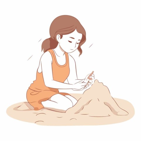 Girl sitting on the sand and making a sandcastle