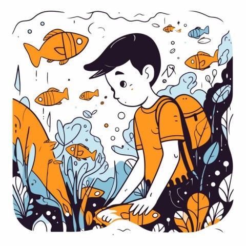 Boy looking at fish in the aquarium in doodle style.