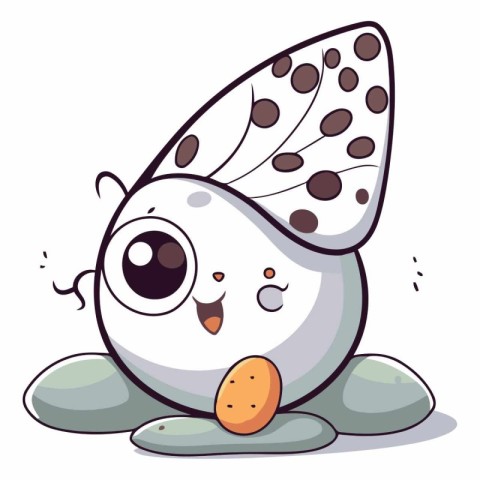 Cute cartoon butterfly sitting on a rock and looking at the egg