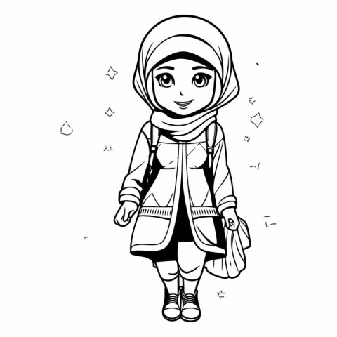 Cute muslim girl in hijab for coloring book.