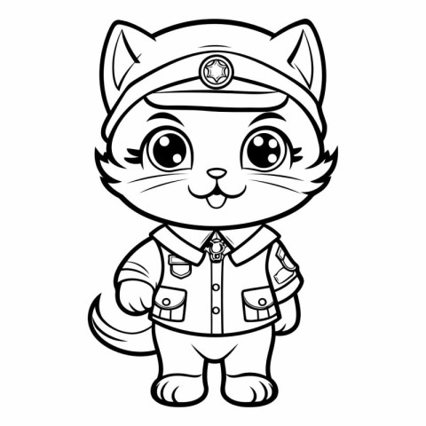 Black and White Cartoon Illustration of Cute Cat Police Officer