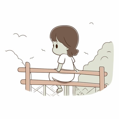 Illustration of a girl sitting on a wooden fence in a park