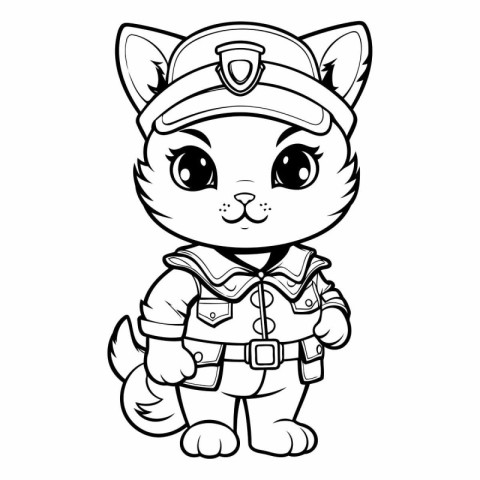 Black and White Cartoon Illustration of Cute Cat Police Animal C