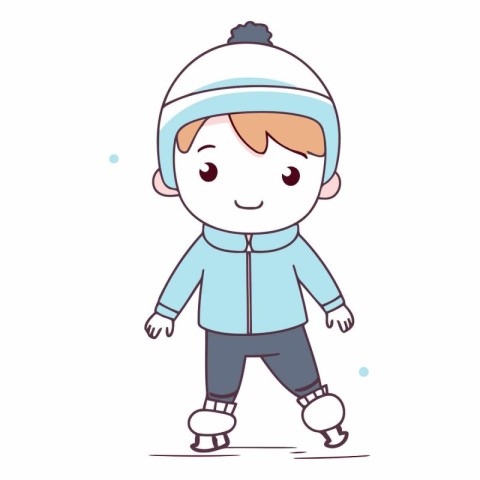 Cute little boy skating in winter clothes. Cartoon vector illust