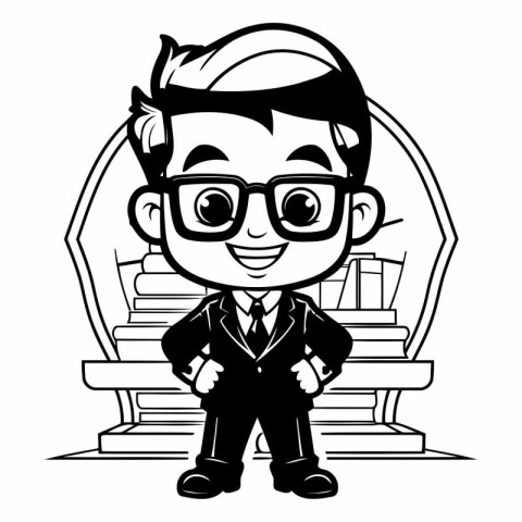 Businessman Cartoon Character Sitting on Stairs - Black and Whit