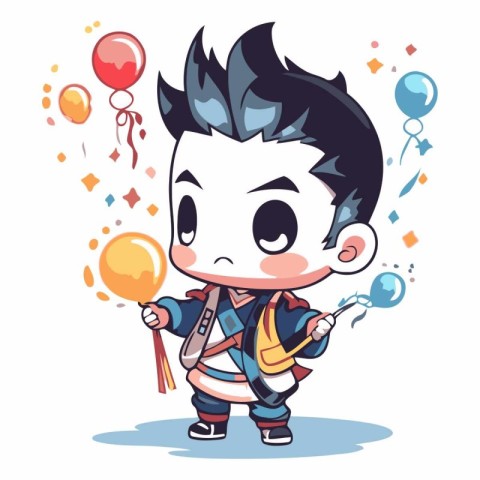 Cute little boy in costume of knight with balloons