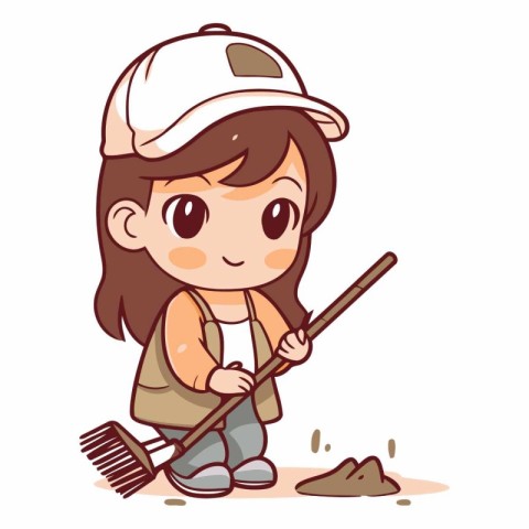 Cute Cartoon Girl Cleaning The Ground with a Shovel Vector Illus