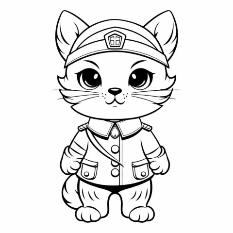 Illustration of Cute Cartoon Kitten in Uniform for Coloring Book