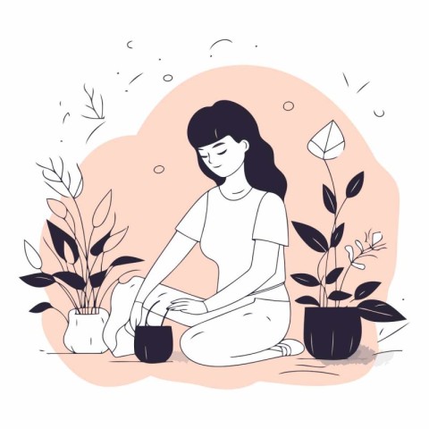 Vector illustration of a young woman taking care of houseplants.