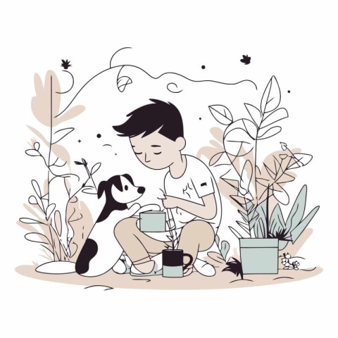 Vector illustration of a boy with a dog sitting in the garden.