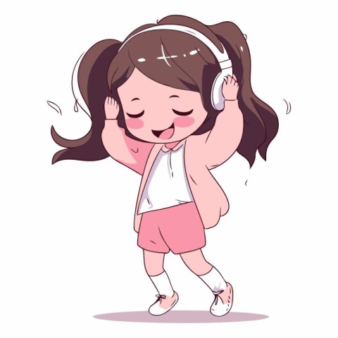 Cute little girl listening to music with headphones.