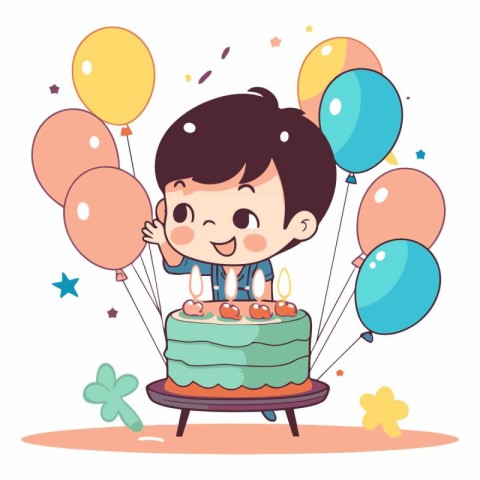 Cute boy with cake and balloons in cartoon style.