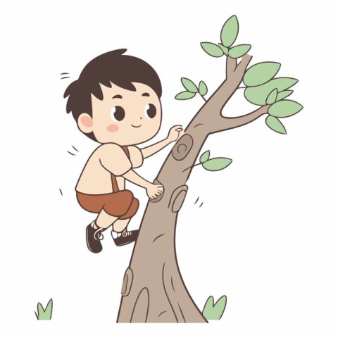 Cute boy climbing a tree. Cartoon style.