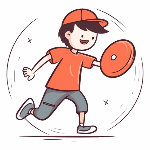 Cartoon boy running with a disc in his hand.