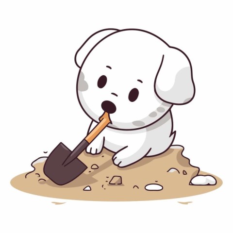 Illustration of a Cute White Puppy digging a hole with a shovel