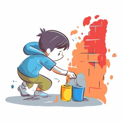 Cartoon boy painting a brick wall with paintbrush.