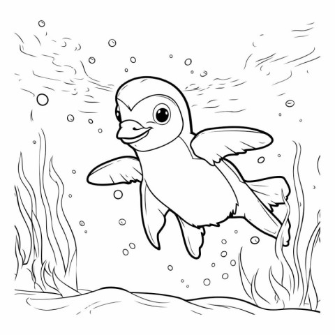 Coloring book for children: cute little penguin in the sea