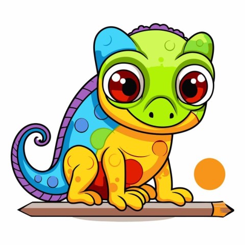 Cute cartoon chameleon sitting on a wooden board.