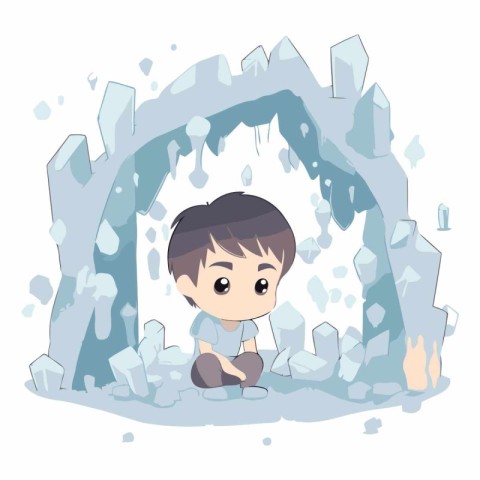 Little boy in the ice cave. Cute cartoon vector illustration.