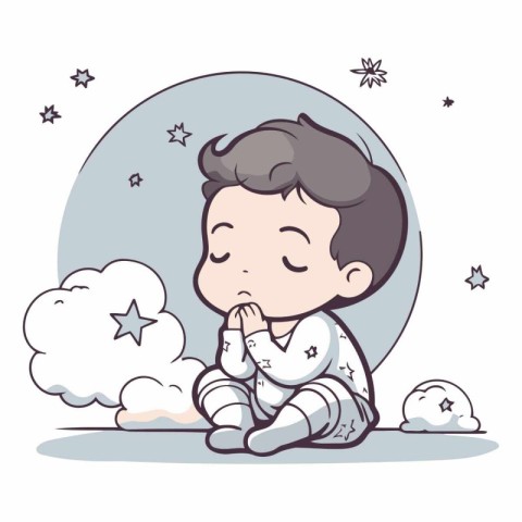 Cute little boy sleeping on the cloud in cartoon style.