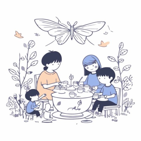 Vector illustration of happy family sitting in the garden and ea