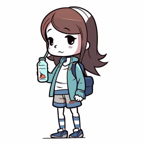 Illustration of a cute little student girl with a bottle of wate