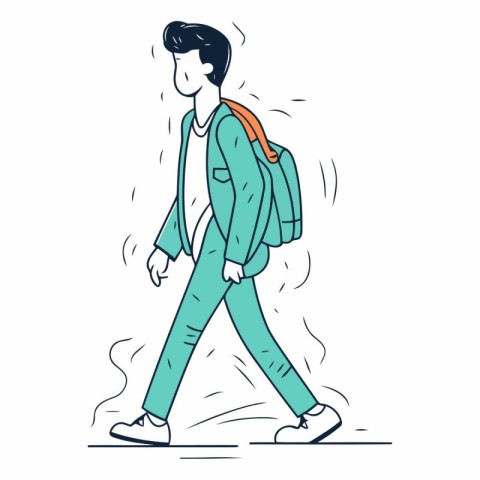 Vector illustration of a young man walking with a backpack on hi