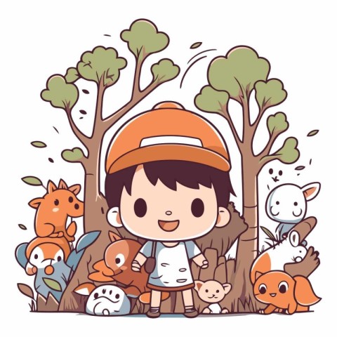 Cute cartoon boy and animals in the forest.