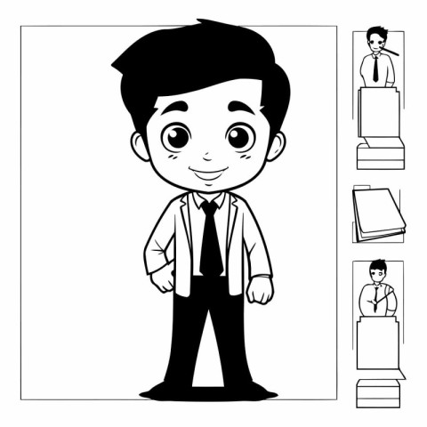 Black and white vector illustration of a young businessman stand