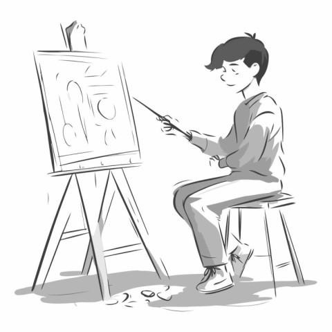 Male artist drawing a picture on easel. sketch vector illustrati