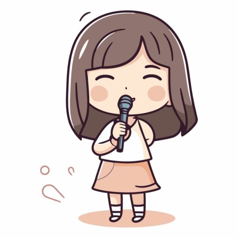 Little girl singing karaoke cartoon vector illustration. Girl si