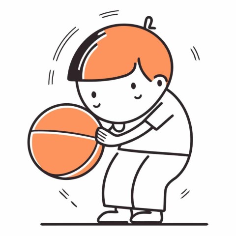 Cute little boy playing basketball in line art style.