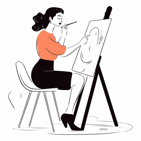 Vector illustration of a young woman drawing a picture on easel.