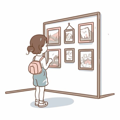 Illustration of a girl looking at pictures in an art gallery.