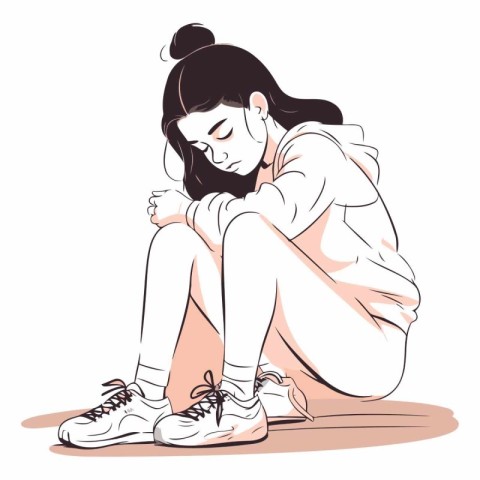 Sad girl sitting on the floor in sketch style.