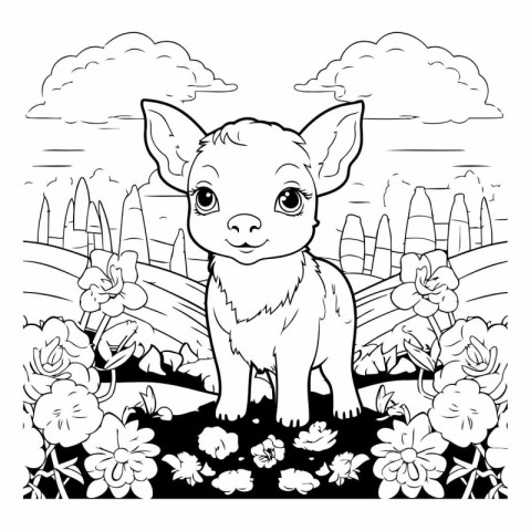 Cute cartoon chihuahua in the garden. Black and white vector ill