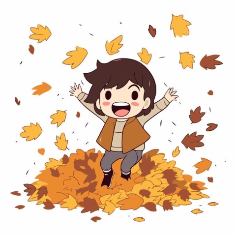 Happy boy jumping in the autumn leaves. Cute cartoon vector illu