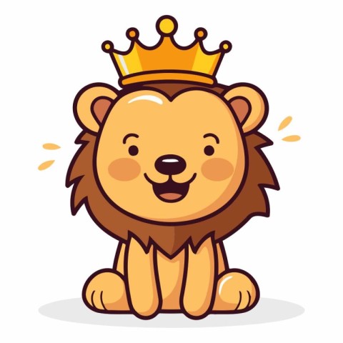 Cute lion with crown in flat cartoon style.