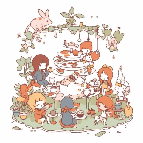 Cute little girls drinking tea in the garden.