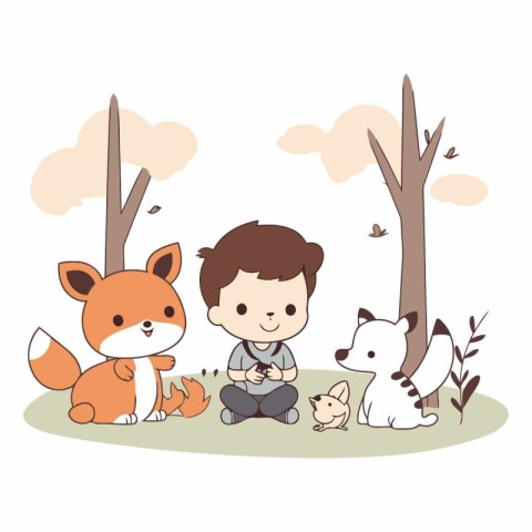 cute little boy with animals in the park cartoon vector illustra