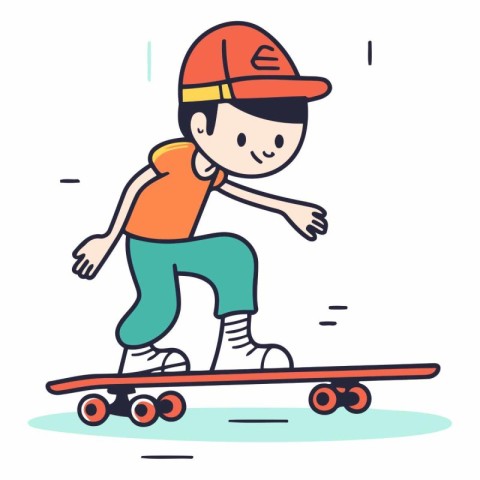 Boy riding a skateboard in a flat style.