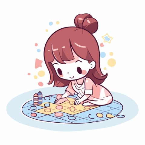 Illustration of a Cute Girl Playing Board Game With Her Toy