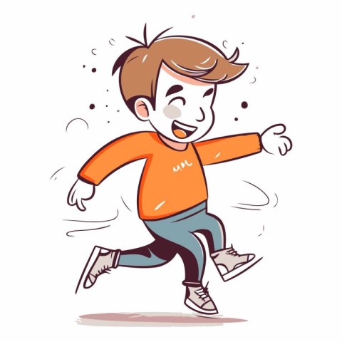 Cute little boy running and smiling in cartoon style.