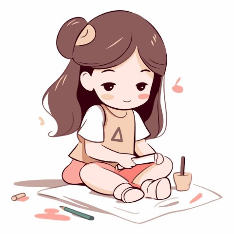 Illustration of a Cute Little Girl Drawing with Crayons