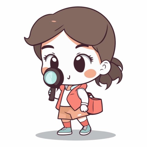 Girl with magnifying glass and backpack cartoon vector illuatrat